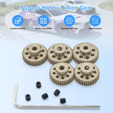 Badass Upgrade For Your Rig With Precision CNC Surface Hardened 64P Aluminum Pinion Gears For 1/10 Scale RC Cars Featuring 3.175mm Shafts Plus Hex Tool And Smooth Gearing 41T To 45T, showing 5 CNC gears and hex tool.