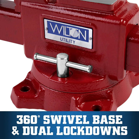 Close-up of Utility Bench Vise Workhorse with 360 Degree Swivel Base, showing dual lockdowns and sturdy construction.