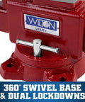 Beefy Utility Bench Vise With Five And A Half Inch Jaw Width And Five Inch Jaw Opening Three And A Quarter Inch Throat Dual Lock Downs 360 Degree Swivel Base Replaceable Hardened Serrated Jaws Powder Coat Finish Built In Pipe Jaws And Large Anvil, showing swivel base and lock downs
