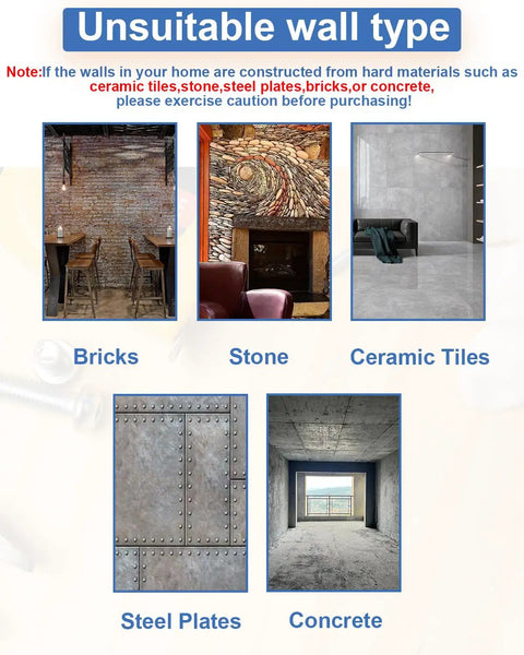 Unsuitable wall types for 160 Piece Black Drywall Anchors And Screws Kit, including bricks, stone, ceramic tiles, steel plates, concrete