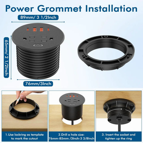 3 Inch Desk Power Grommet With 35W Usb C Fast Charging With 4 Usb Ports And Hdmi installation guide showing dimensions and steps.