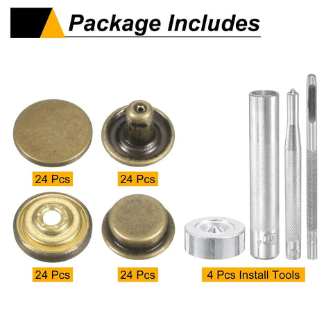 Rugged As Heck Brass Snap Button Fastener Kit For Leather And Canvas Gear 24 Pack Of 20Mm Bronze Press Studs With Easy Grip Hand Tools, showing snap buttons and tools.
