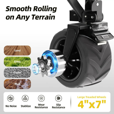 Close-up of 7-inch knobby tire on Collapsible Folding Wagon Cart With 400 Lb Capacity All Terrain Utility Cart, showing tread design.