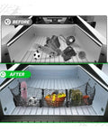 Comparison of Tesla Cybertruck bed before and after using Heavy Duty Cargo Mesh Net Fits Tesla Cybertruck 2024 Through 2025.