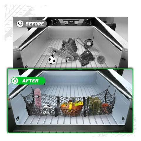 Comparison of Tesla Cybertruck bed before and after using Heavy Duty Cargo Mesh Net Fits Tesla Cybertruck 2024 Through 2025.