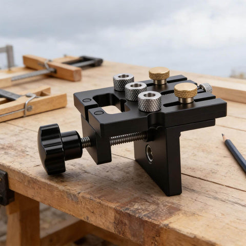 Self Centering Doweling Jig 3 In 1 Precision Woodworking Tool With 6mm 8mm 10mm Drill Bits And 12mm Eccentric Wheel on workbench