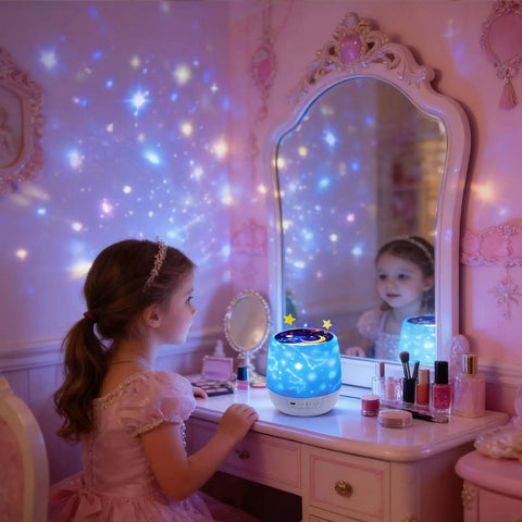 Girl's bedroom with Kids Night Light Projector With USB Cable, 360 Degree Rotating Star Sky Lamp For Bedroom illuminating stars.