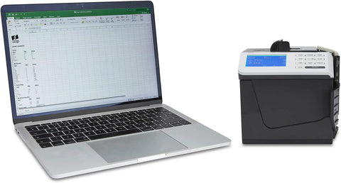 Laptop displaying spreadsheet next to New 2024 Mixed Denomination Money Counter And Counterfeit Detector For Eight Currencies