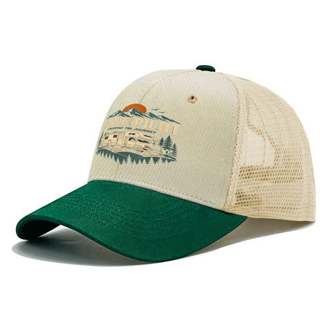 Beige and green RV Pilot Hat For Road Trips And Camper Vacations Dope Outdoors Cap featuring camping scene design.