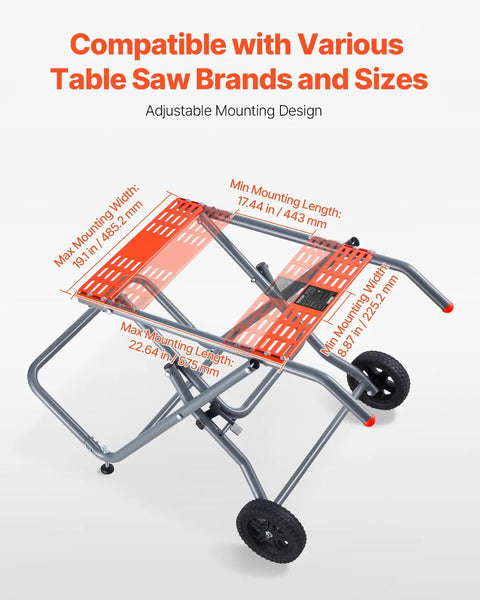 Heavy Duty Portable Table Saw Stand Built Like A Tank With Sweet Rolling Wheels And A Quick Fold Design for adjustable mounting sizes and brands.