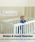 Cam V3 Indoor Outdoor Security Camera With Color Night Vision, 1080p HD captures baby in crib with motion alert notification.