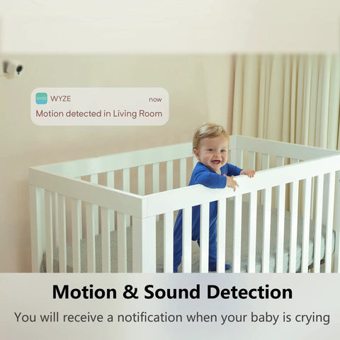 Cam V3 Indoor Outdoor Security Camera With Color Night Vision, 1080p HD captures baby in crib with motion alert notification.