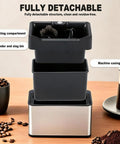 Automatic Electric Coffee Grounds Cleaner With Dual Spin Brushes And Knock Box No Sweat Portafilter Cleanup Fast 340 RPM showing fully detachable compartments and machine casing.