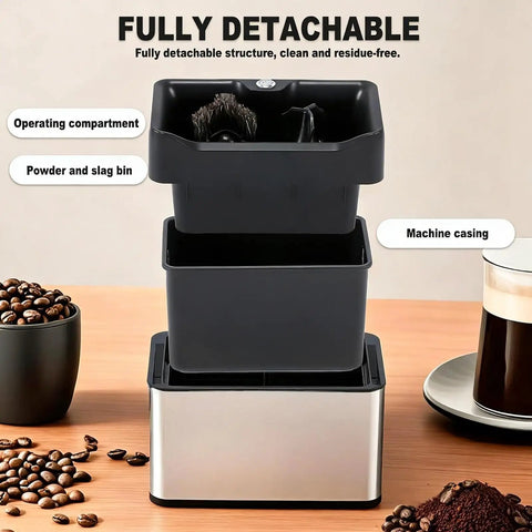 Smooth Operator Electric Portafilter Cleaner With Dual Attachments And Knock Box Skips The Scrubbing Quick 58Mm Espresso Tool For Home Shop Baristas Zero Sweat Pro Level Tidying White Edition with detachable bins.