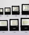 Various sizes of 12V 24V 36V LED Flood Light,10W 50W 100W 150W 200W Low Voltage DC Spotlight on display.