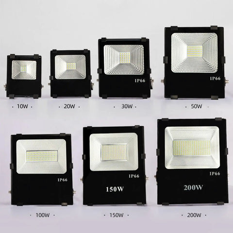 Various sizes of 12V 24V 36V LED Flood Light,10W 50W 100W 150W 200W Low Voltage DC Spotlight on display.