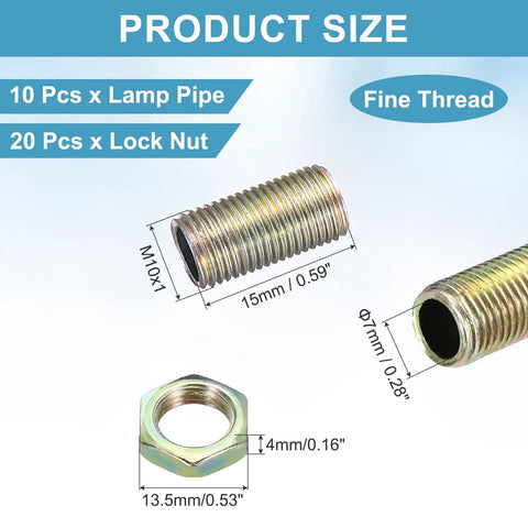 Shop Rat Approved 10 Piece Lamp Pipe Nipples Kit With Lock Nuts M10x1 Fine Thread 0.6 Inch Carbon Steel zinc plated dimensions.