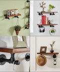 Industrial Pipe Shelf Brackets 6.7 Inch 10 Pack displaying wooden shelves with decor items, black iron wall mounts in use.