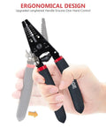 Hand holding 7 Inch Pro Grade Wire Stripper And Cutter For 10-20 AWG Solid And 0.8-2.6mm Stranded Wire, ergonomic handle visible