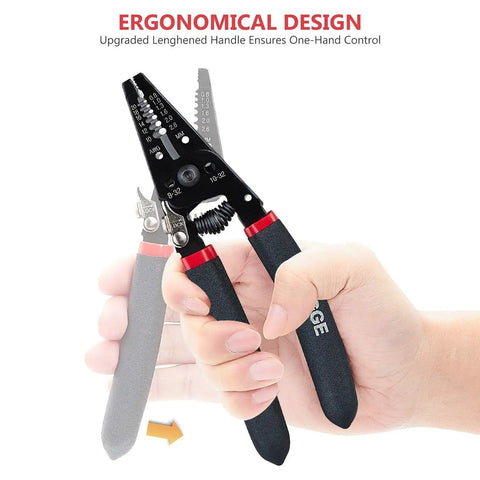 Hand holding 7 Inch Pro Grade Wire Stripper And Cutter For 10-20 AWG Solid And 0.8-2.6mm Stranded Wire, ergonomic handle visible