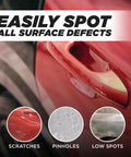 Dry Guide Coat Powder for auto body sanding; shows scratches, pinholes, and low spots on red car panel
