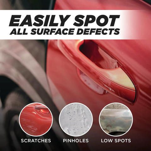 Dry Guide Coat Powder for auto body sanding; shows scratches, pinholes, and low spots on red car panel