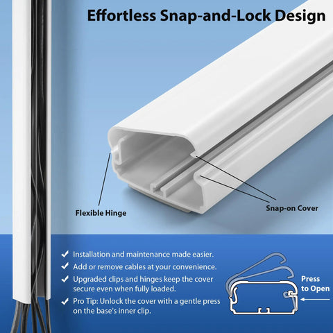Close-up of Big TV Cord Hider for Wall Mounted TVs showing flexible hinge and snap-on cover, white PVC material, 32 Inch white cable cover kit.