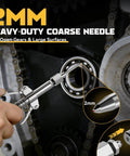 High Pressure Pro Grade Grease Gun Coupler Kit With 12000 PSI Quick Release 90 Degree Adapter in use on machinery, 2mm needle tip
