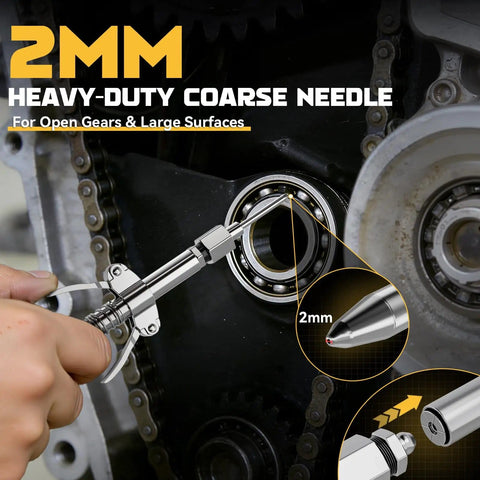 High Pressure Pro Grade Grease Gun Coupler Kit With 12000 PSI Quick Release 90 Degree Adapter in use on machinery, 2mm needle tip