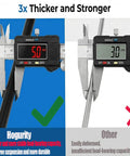 Digital calipers measuring thickness difference between 3x thicker and regular pegboard hooks