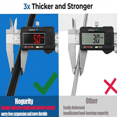 Digital calipers measuring thickness difference between 3x thicker and regular pegboard hooks