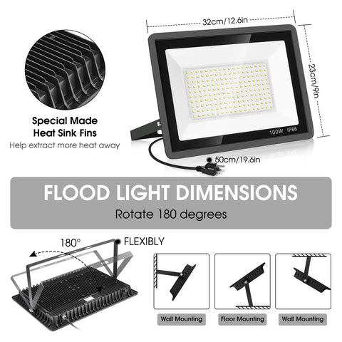 Dimensions and features of 3 Pack 100W LED Flood Lights Outdoor That Lights Up Big Spaces With 11600 Lumens Plug In IP66 Waterproof 5000K