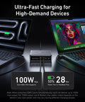 Prime 200W GaN Desktop Charger With 6-Port USB-C And USB-A between two laptops charging, showing 100W max output.