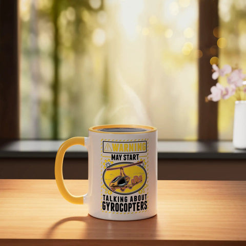 Gyrocopter Themed Ceramic Mug For Gyroplane Enthusiasts And Autogyro Fans 11 Ounce Yellow And White Coffee Cup on table