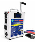 Power On The Go Hand Crank Generator 150W To 500W Emergency Charger with handle, shown next to phones