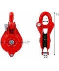 Front and side view of Half-Ton Heavy Duty Single Sheave Yarding Block With Shackle Pulley For Cable And Wire Rope, 1000 Lbs WLL.