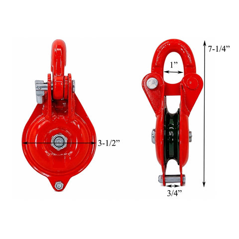 Front and side view of Half-Ton Heavy Duty Single Sheave Yarding Block With Shackle Pulley For Cable And Wire Rope, 1000 Lbs WLL.