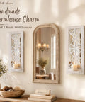 Solid Wood Farmhouse Candle Sconces Set Of Two Wall Mount Holders With Mirrored Backdrop, 16.5x6.7 inches, distressed white, rustic decor.