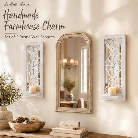 Solid Wood Farmhouse Candle Sconces Set Of Two Wall Mount Holders With Mirrored Backdrop, 16.5x6.7 inches, distressed white, rustic decor.