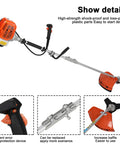 Gas Powered 52cc 2 Stroke Beast Of A Brush Cutter With U Handle, high torque engine, 3-tooth blade, and string trimmer.