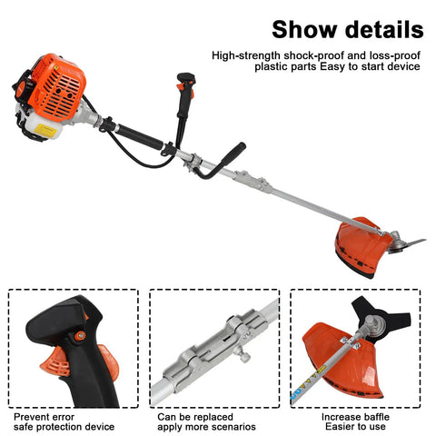 Gas Powered 52cc 2 Stroke Beast Of A Brush Cutter With U Handle, high torque engine, 3-tooth blade, and string trimmer.