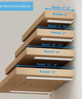 Wood shelves with Six Inch Floating Shelf Brackets White 90 Degree Hidden L Shaped Heavy Duty Iron Hardware Supports, size guide shown.