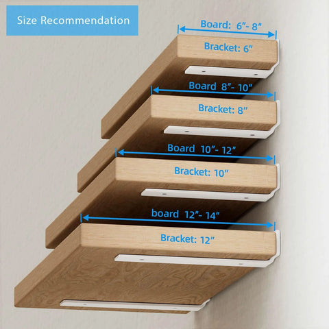 Wood shelves with Six Inch Floating Shelf Brackets White 90 Degree Hidden L Shaped Heavy Duty Iron Hardware Supports, size guide shown.