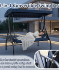 Three Seat Outdoor Porch Swing Glider With Adjustable Canopy Convertible Patio Bed Upgraded Folding Cup Holders Thick Cushions