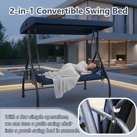 Three Seat Outdoor Porch Swing Glider With Adjustable Canopy Convertible Patio Bed Upgraded Folding Cup Holders Thick Cushions