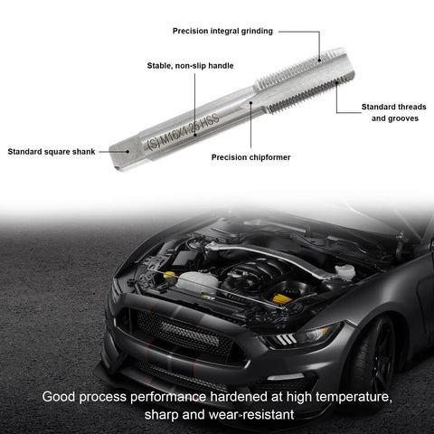 11 Piece Spark Plug Thread Repair Kit With M14x1.25 And M16x1.25 Inserts Stainless Steel Rethread Tool Set For Automotive Engines And Generators, shown with precision integral grinding and non-slip handle next to a car engine.