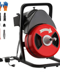 50 Foot By Half Inch Automatic Feed Drain Cleaning Machine Sewer Snake Auger With Cutter showing motorized drum and accessories.