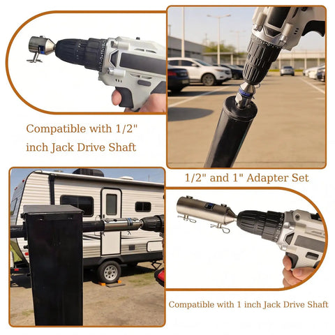 Heavy Duty Two In One Trailer Jack Drill Adapter For One Inch And Half Inch Drive Shafts Straight Up, showing drill attachment and adapter set.