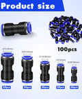 Image of 100 Piece Quick Connect Air Hose Fittings Set In Five Sizes 1/4, 5/32, 5/16, 3/8, 1/2 Inch with labeled dimensions.