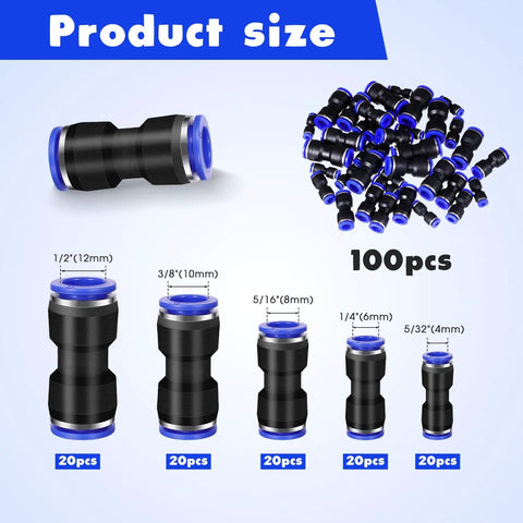 Image of 100 Piece Quick Connect Air Hose Fittings Set In Five Sizes 1/4, 5/32, 5/16, 3/8, 1/2 Inch with labeled dimensions.